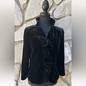 Ann Taylor Black Velvet Holiday Jacket Size 4 Ruffled Collar/Front Lined EC